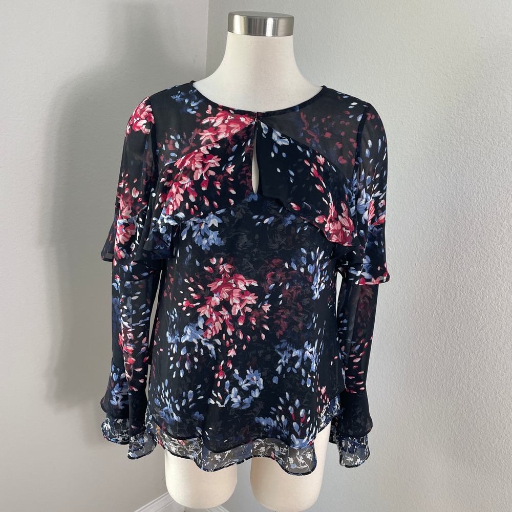 NEW White House Black Market Womens 4 Flounce Blouse Black Floral Long Sleeve